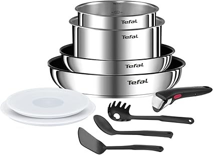 BATTERIE DE CUISINE INOX INGENIO 10PCS EMOTION L8971S04 TEFAL (2 POELES rev 22/26cm / 2 CASS 16/18cm / 2 couvercles hermétiques 16/18cm / spatule+cuillere+cuillere SPG / Poignée amovible)