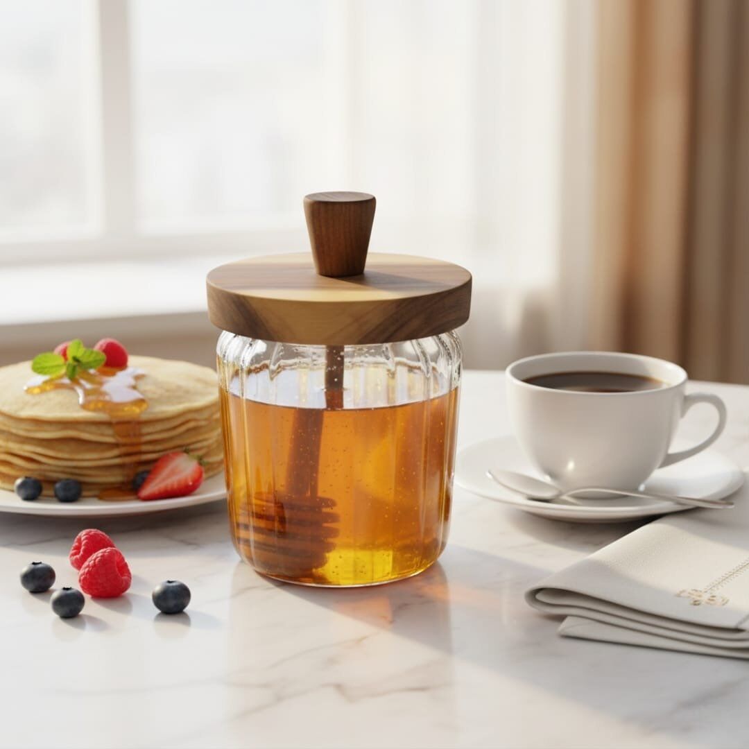 Pot à Miel en Verre avec Couvercle en Bois 