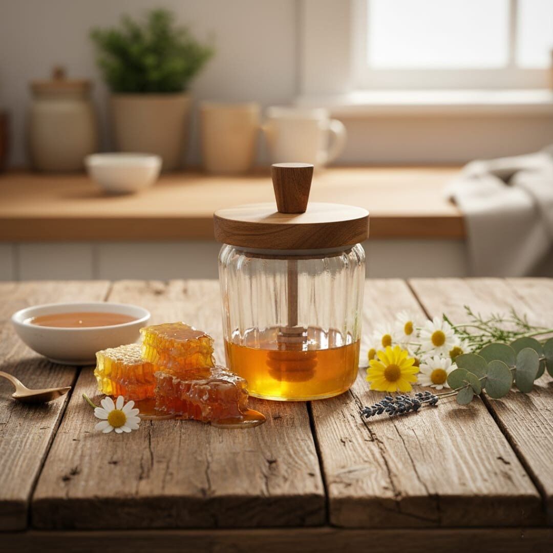 Pot à Miel en Verre avec Couvercle en Bois  thumbnail 3