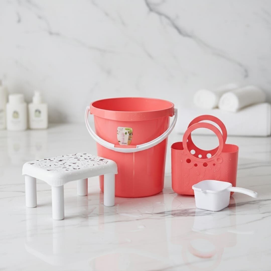Pack hamam couleur rose -un seau 25 l ,une chaise et broc avec bec pratique et un panier assortis