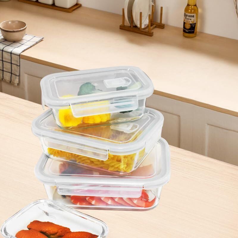 Lot de 3 boîtes de conservation hermétiques en verre avec couvercles en plastique sans BPA et verrouillables, passent au lave-vaisselle, au micro-ondes et au congélateur – Anti-fuite 500ml/400ml/300ml