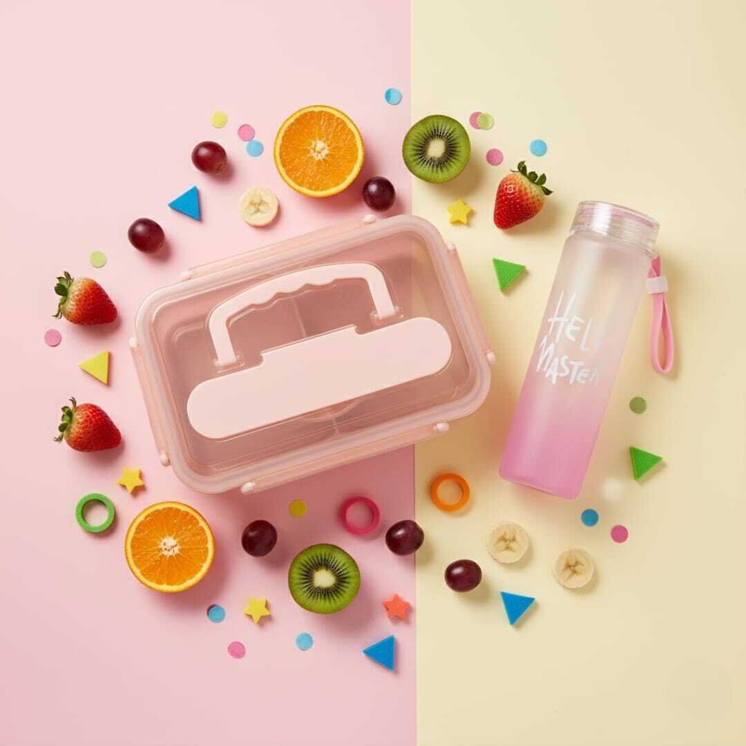 Pack Lunch box +gourde 900ml en plastique alimentaire sans BPA 4 compartiments en inox -couvert en inox - -Idéal école crèche & université thumbnail 2