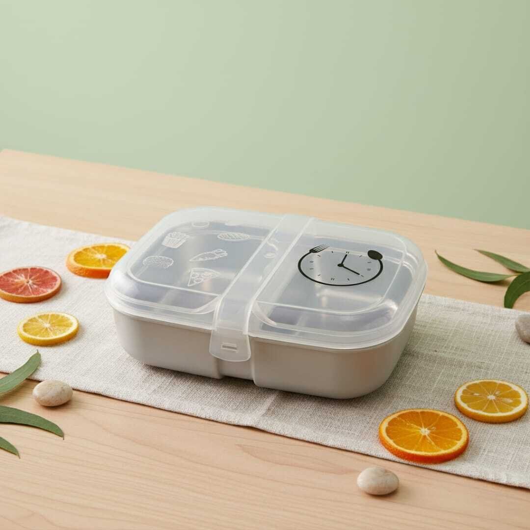 Lunch box à deux compartiments on inox -couverts en plastique alimentaire-boite à sauce -Idéal école crèche & université thumbnail 1