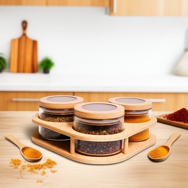 Ensemble élégant de 3 bocaux en verre avec couvercles en bois et support incliné en bois – Design moderne et raffiné