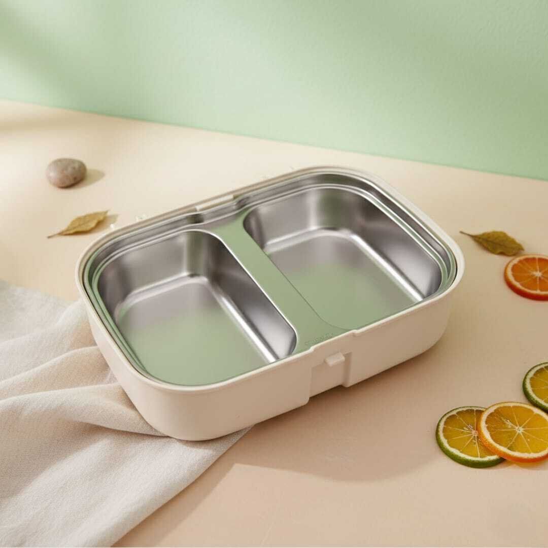 Lunch box à deux compartiments on inox -couverts en plastique alimentaire-boite à sauce -Idéal école crèche & université thumbnail 2