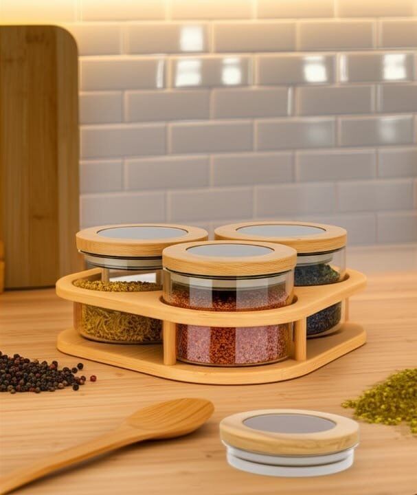 Ensemble élégant de 3 bocaux en verre avec couvercles en bois et support incliné en bois – Design moderne et raffiné