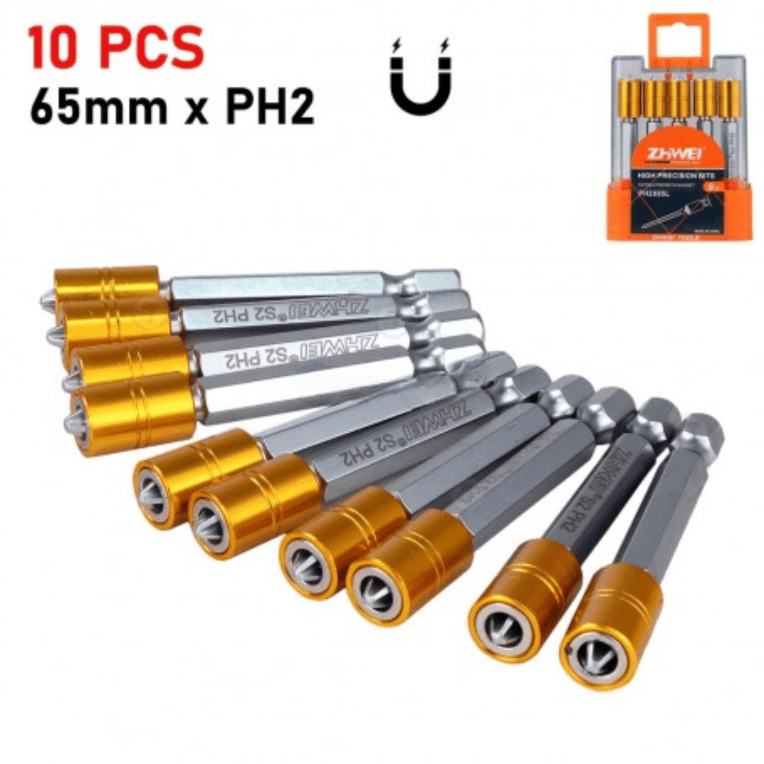 Set de 10 embouts PH2 x 65 mm en acier S2 avec butée stop