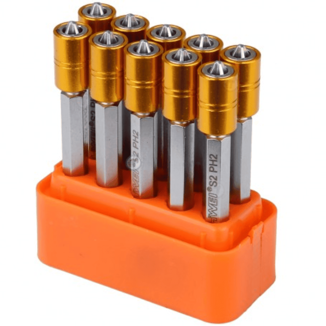 Set de 10 embouts PH2 x 65 mm en acier S2 avec butée stop