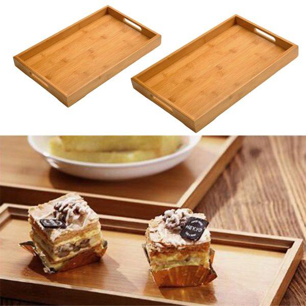 Lot de 2 Plateau de Service en Bois Rectangulaire avec Poignées pour Vaisselle et Boissons