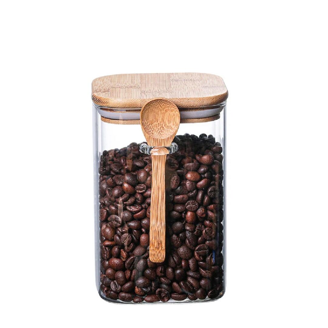 Bouteille de rangement carrée avec cuillère en bois