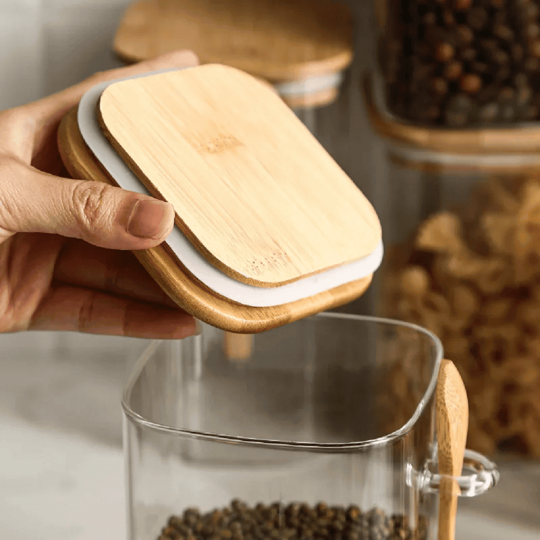 Bouteille de rangement carrée avec cuillère en bois thumbnail 3