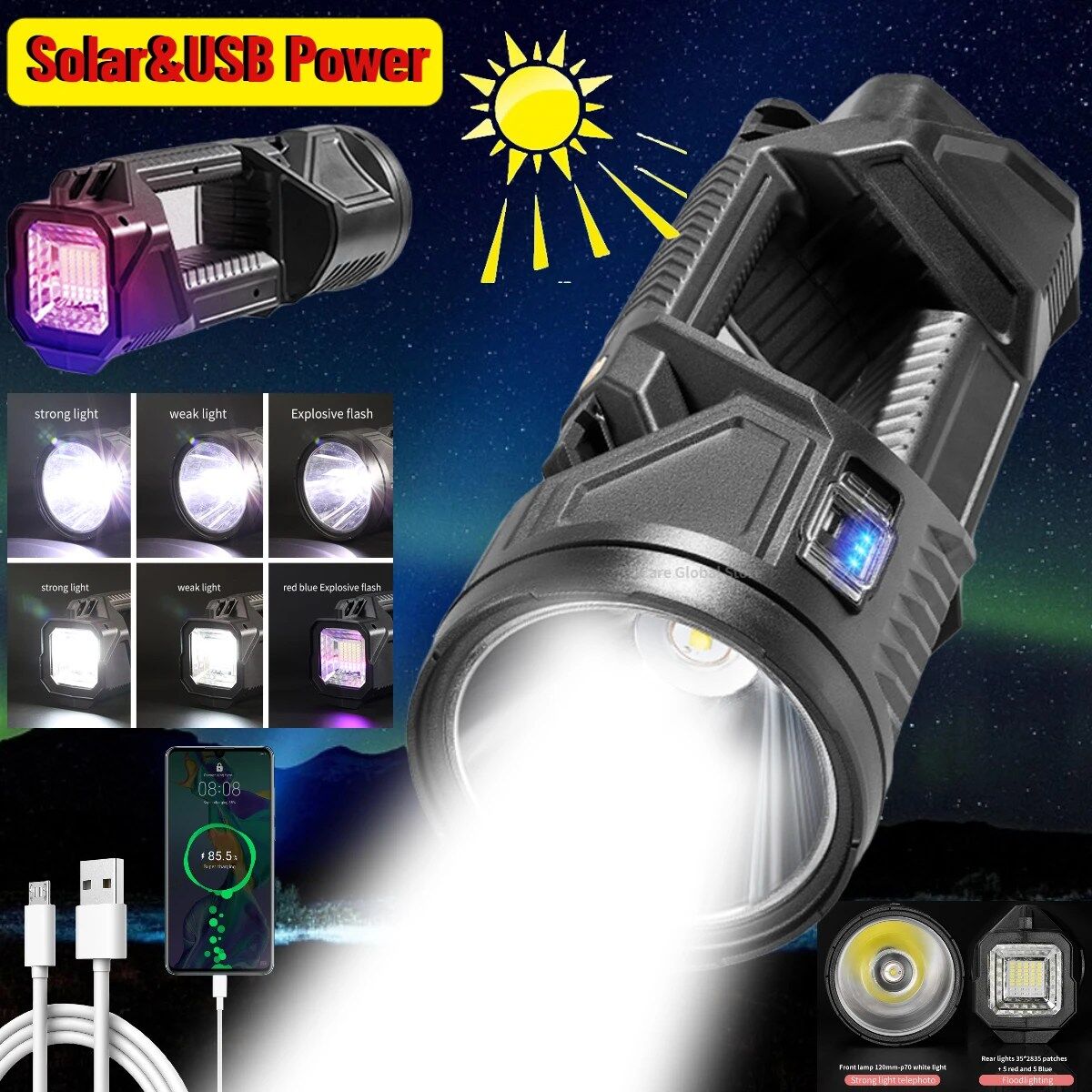 Lampe de poche Led haute puissance avec recharge solaire pour camping et randonnée