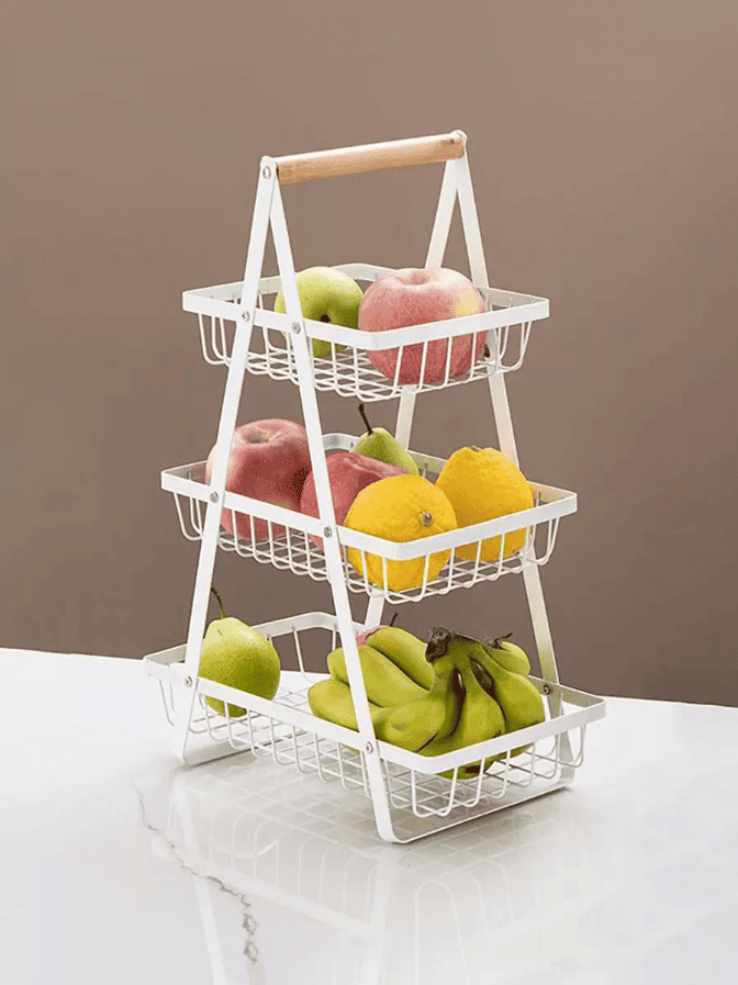 Corbeille à Fruits à Trois Niveaux avec Poignée en Bois ( couleur aléatoire)
