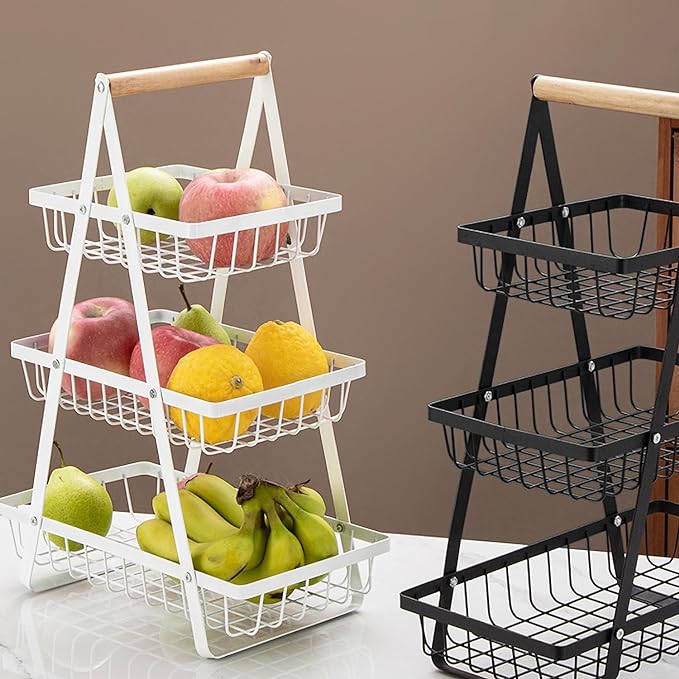 Corbeille à Fruits à Trois Niveaux avec Poignée en Bois ( couleur aléatoire)