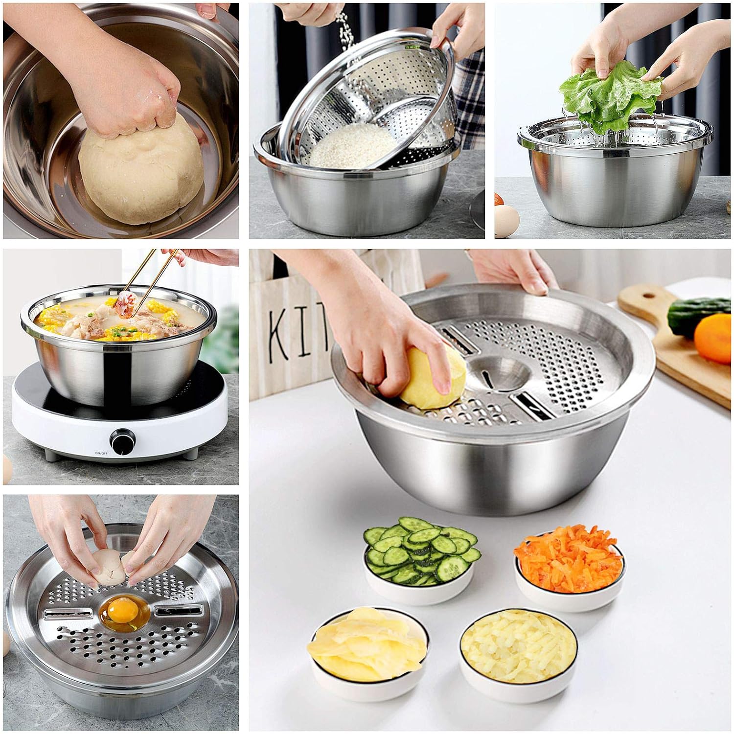 Ensemble de 4 Pièces avec Saladier Inox et Outils Ingénieux thumbnail 3