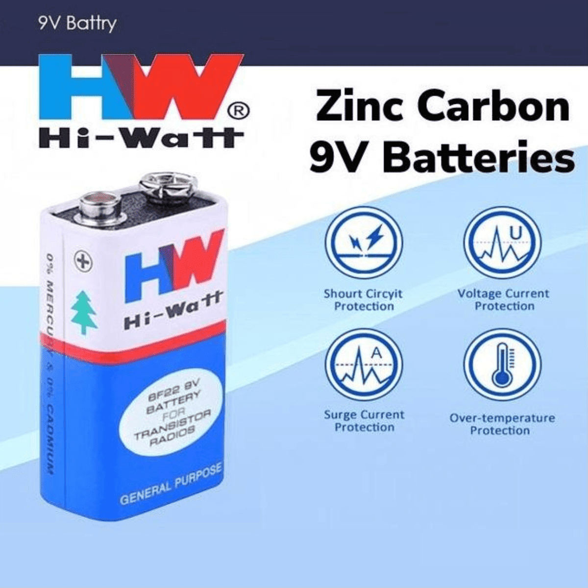 Batterie 9V Zinc-Carbone Hi-Watt avec Protections Multiples 