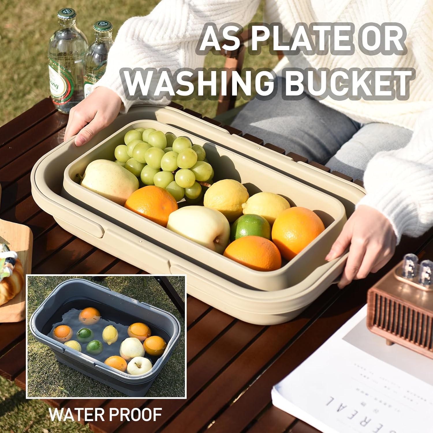 Panier de pique-nique pliable avec table intégrée et seau étanche portable (couleur aléatoire)
