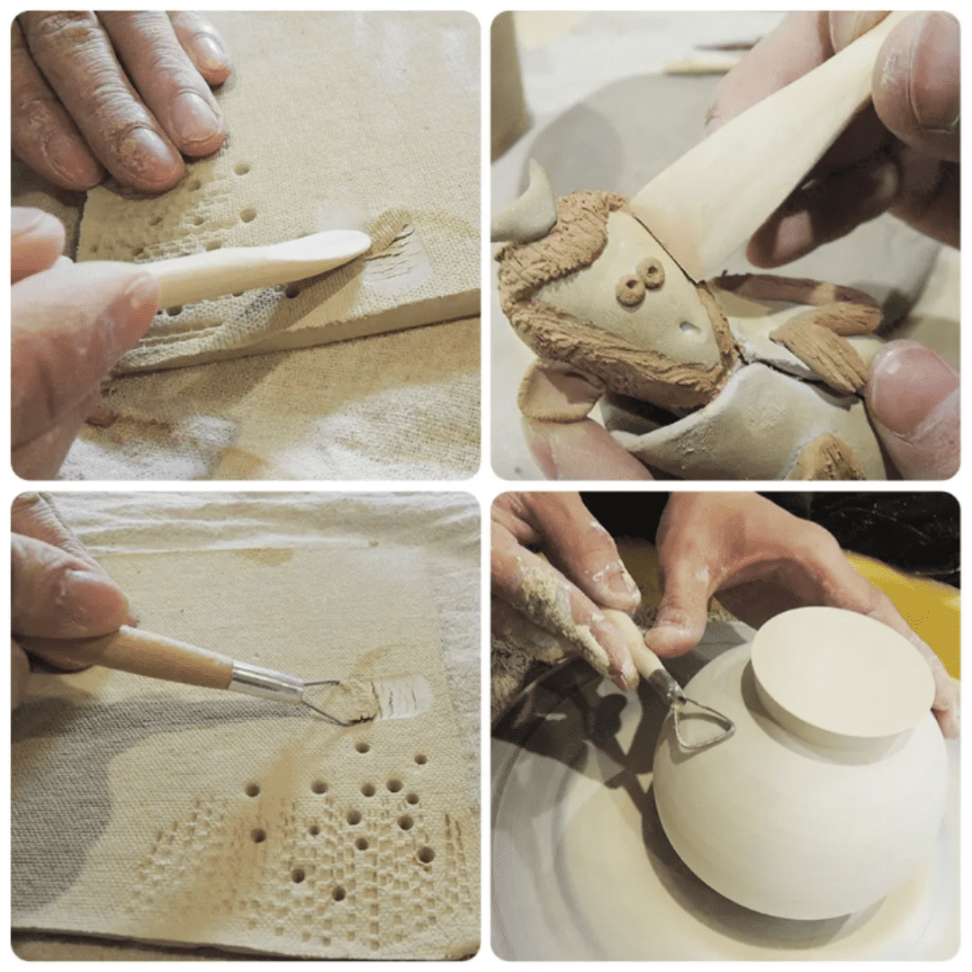 Outils de sculpture en céramique et argile avec extrémités en acier inoxydable et poignées en bois, idéals pour la poterie et le bricolage. thumbnail 4