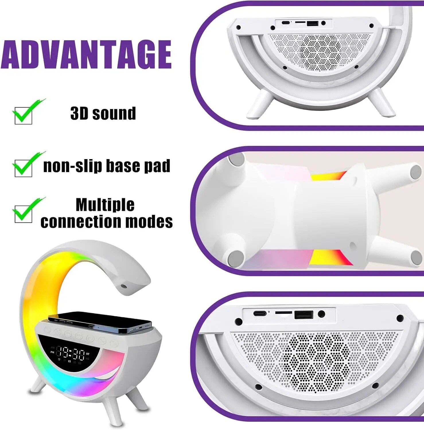 Veilleuse RVB Multifonctionnelle avec Haut-Parleur Bluetooth et Charge sans Fil thumbnail 4