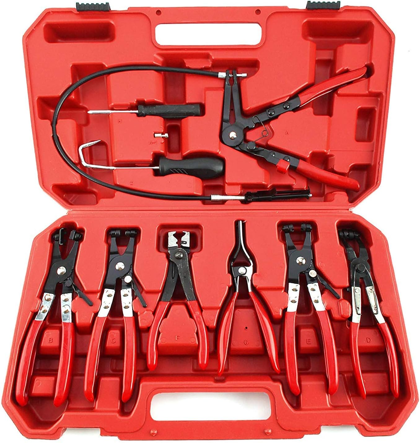 Lot de 9 pinces pour durites d’huile et carburant, mâchoires pivotantes et design coudé.