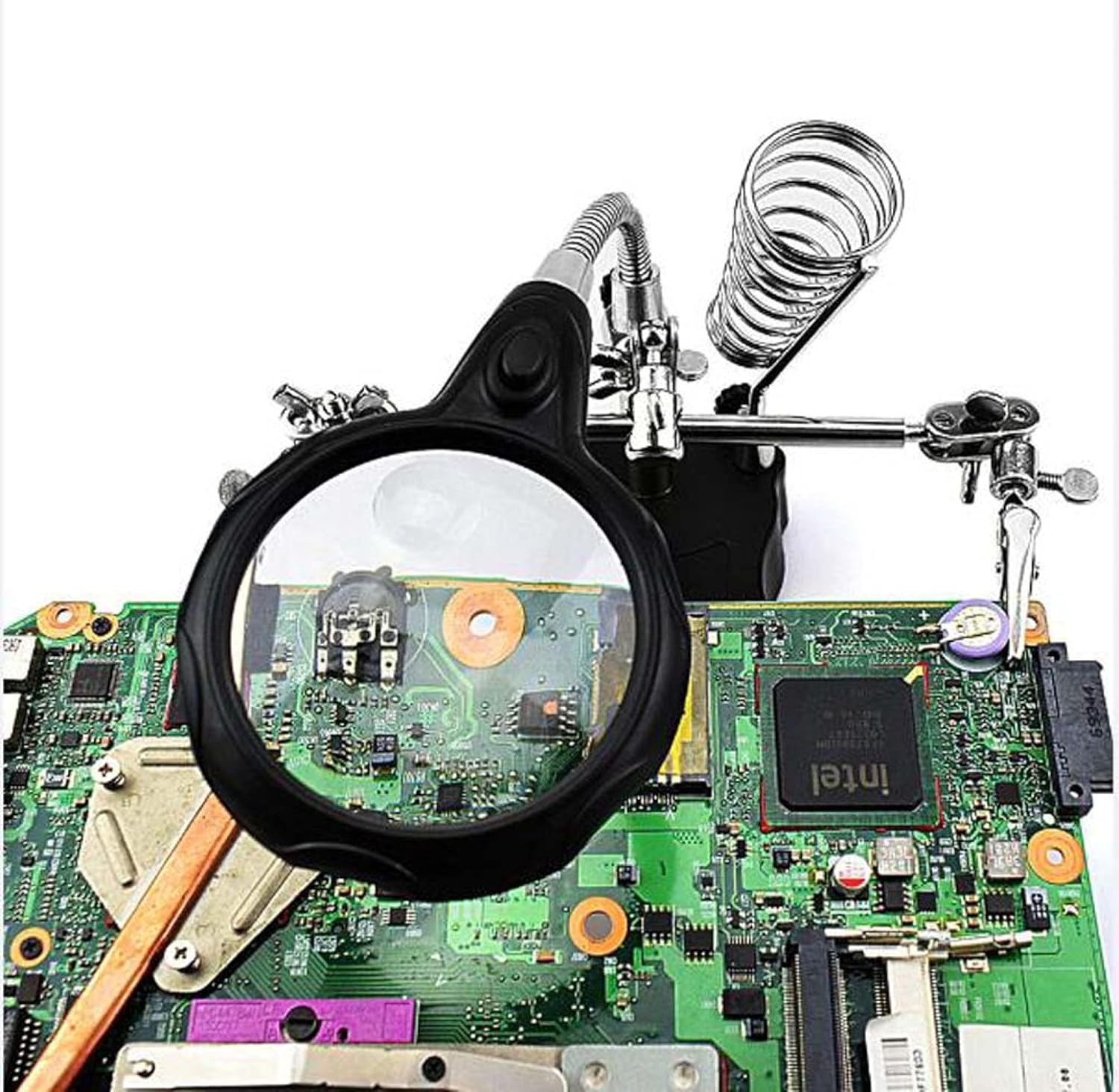 Loupe sur pied avec LED, pince de fixation, et station de soudage intégrée