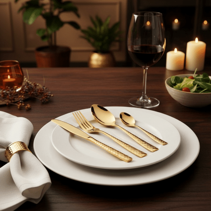 Set de 24 couverts de table dorés en acier inoxydable luxueux thumbnail 1