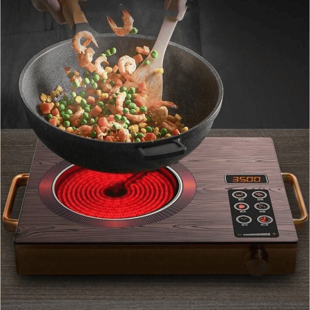 Plaque de cuisson électrique en céramique avec induction, parfaite pour la cuisson et la friture, compatible avec 110V et 220V.