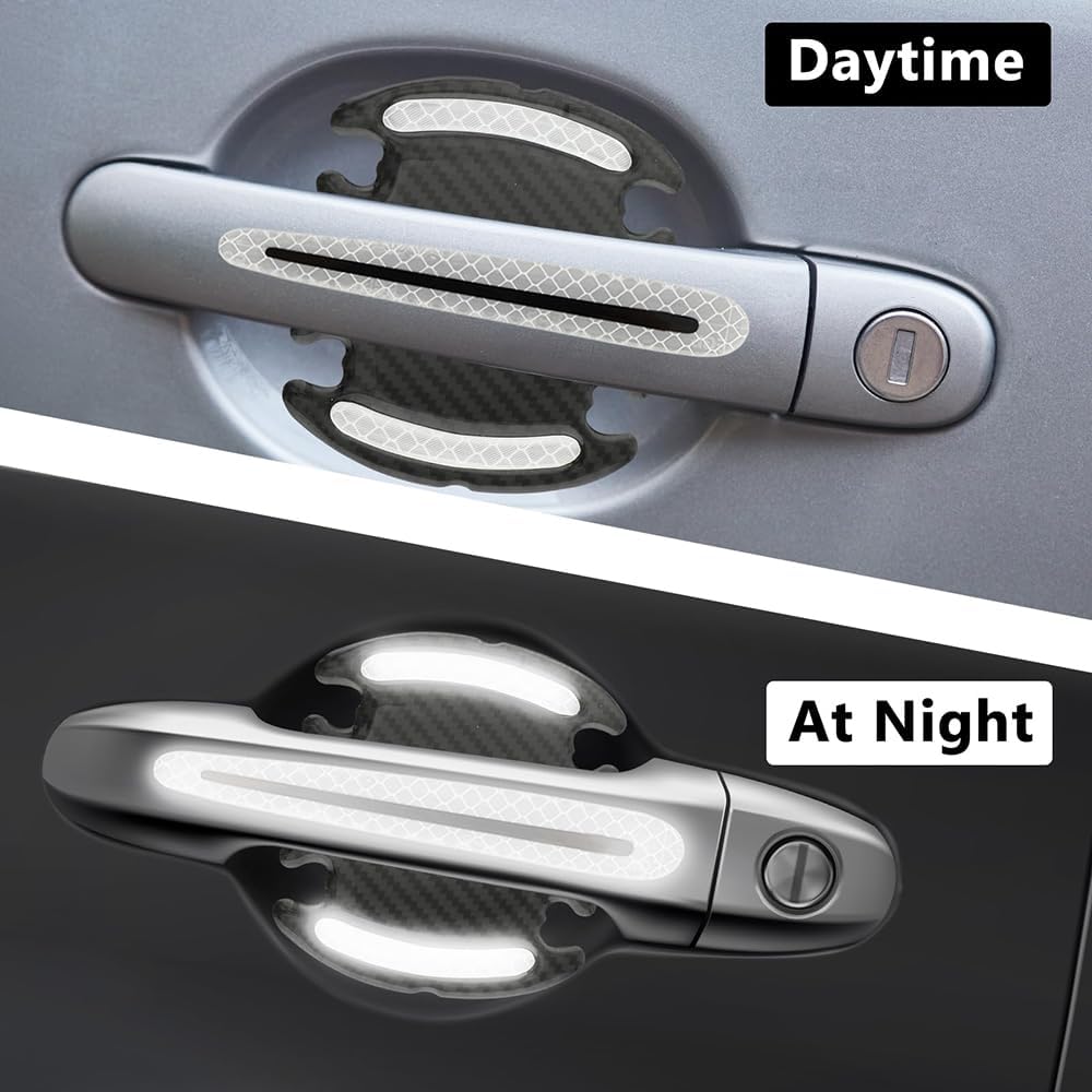 Protection anti-rayures et sécurité extérieure : lot de 8 autocollants réfléchissants universels 3D en fibre de carbone pour portes de voiture thumbnail 3