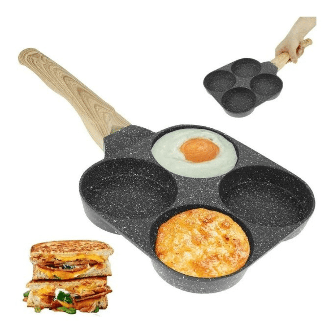 Mini poêle à œufs 4 compartiments avec poignée en bois, revêtement antiadhésif. thumbnail 1