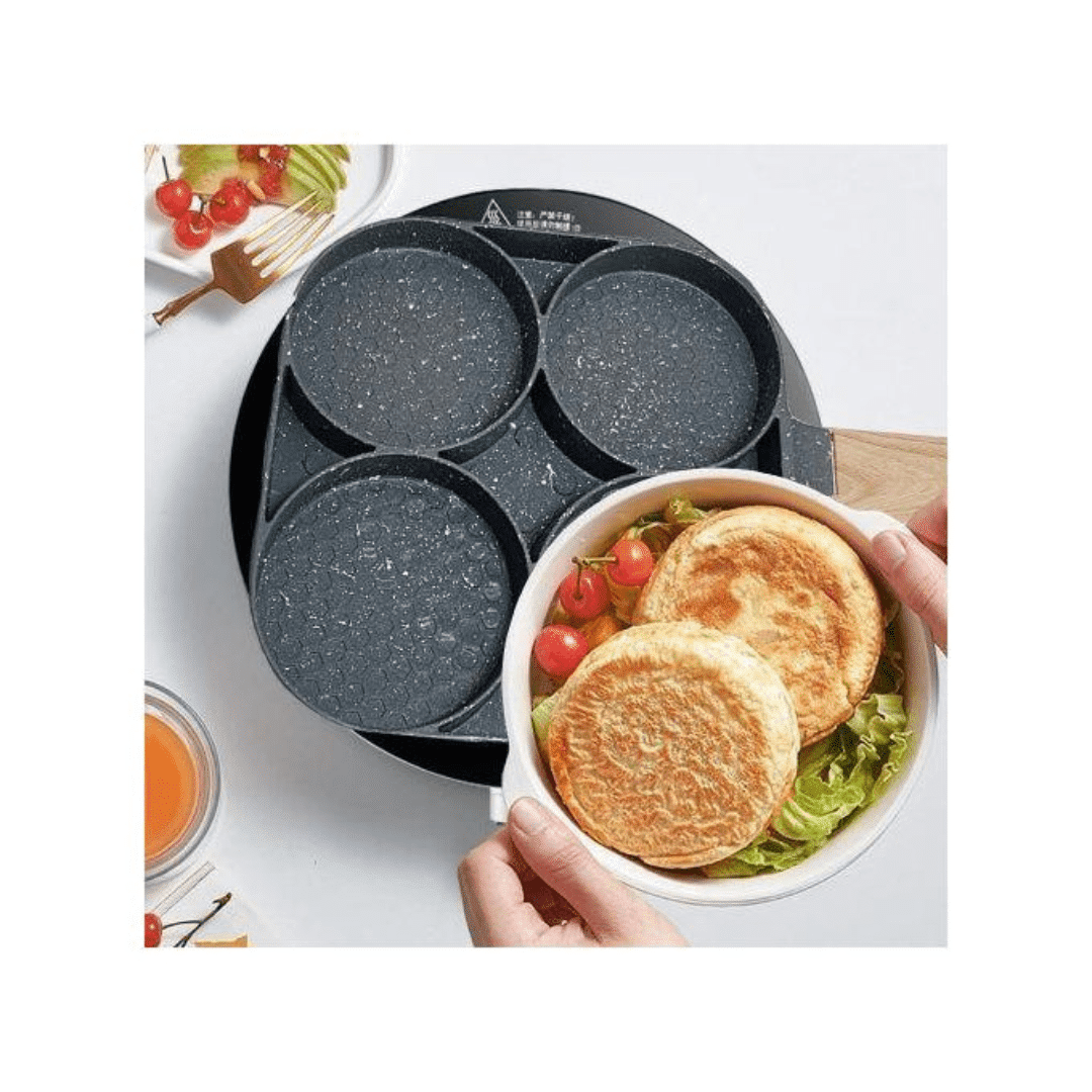 Mini poêle à œufs 4 compartiments avec poignée en bois, revêtement antiadhésif. thumbnail 4