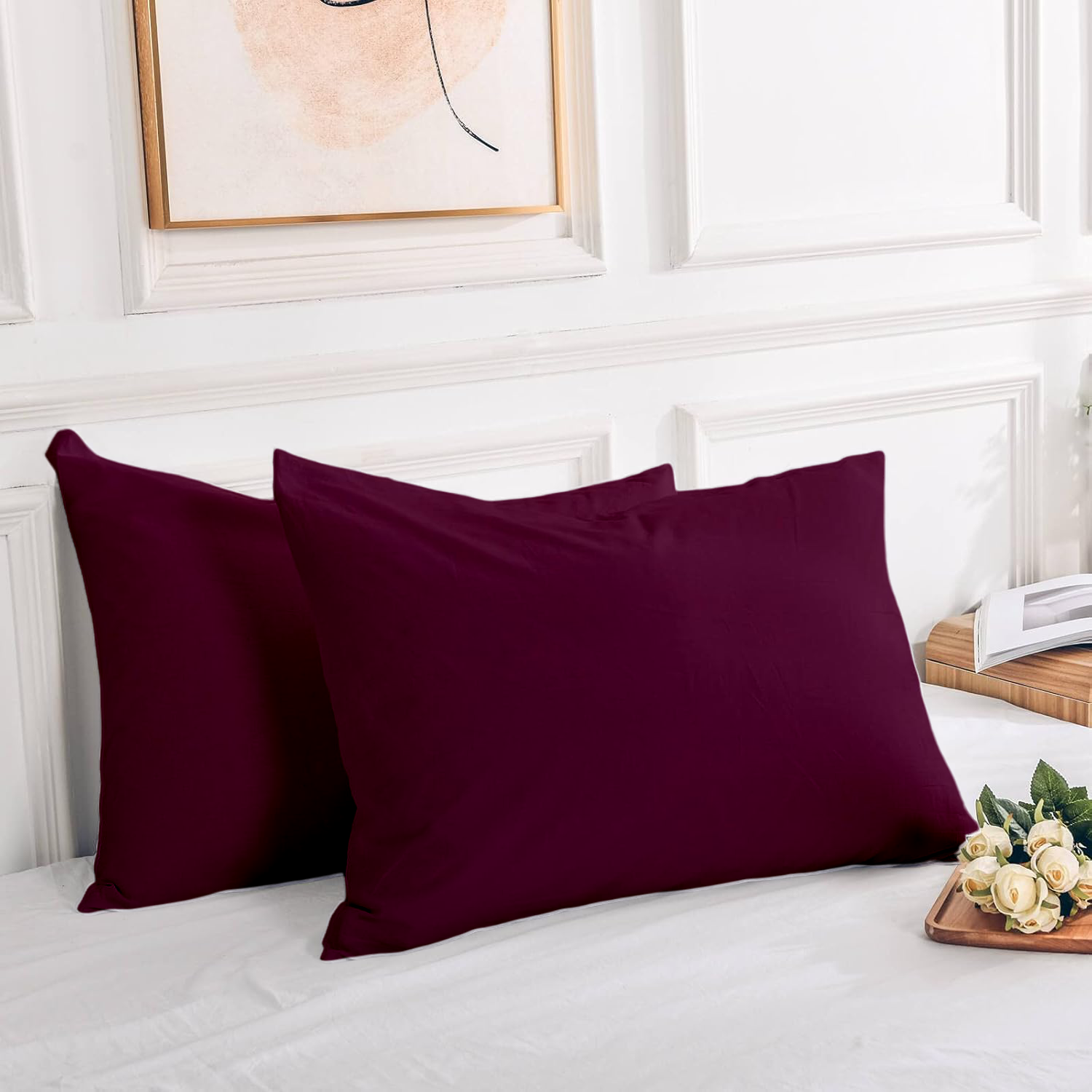 2 Taies D'oreiller Uni Grenat 50 x70 cm // Doux & Antiallergique