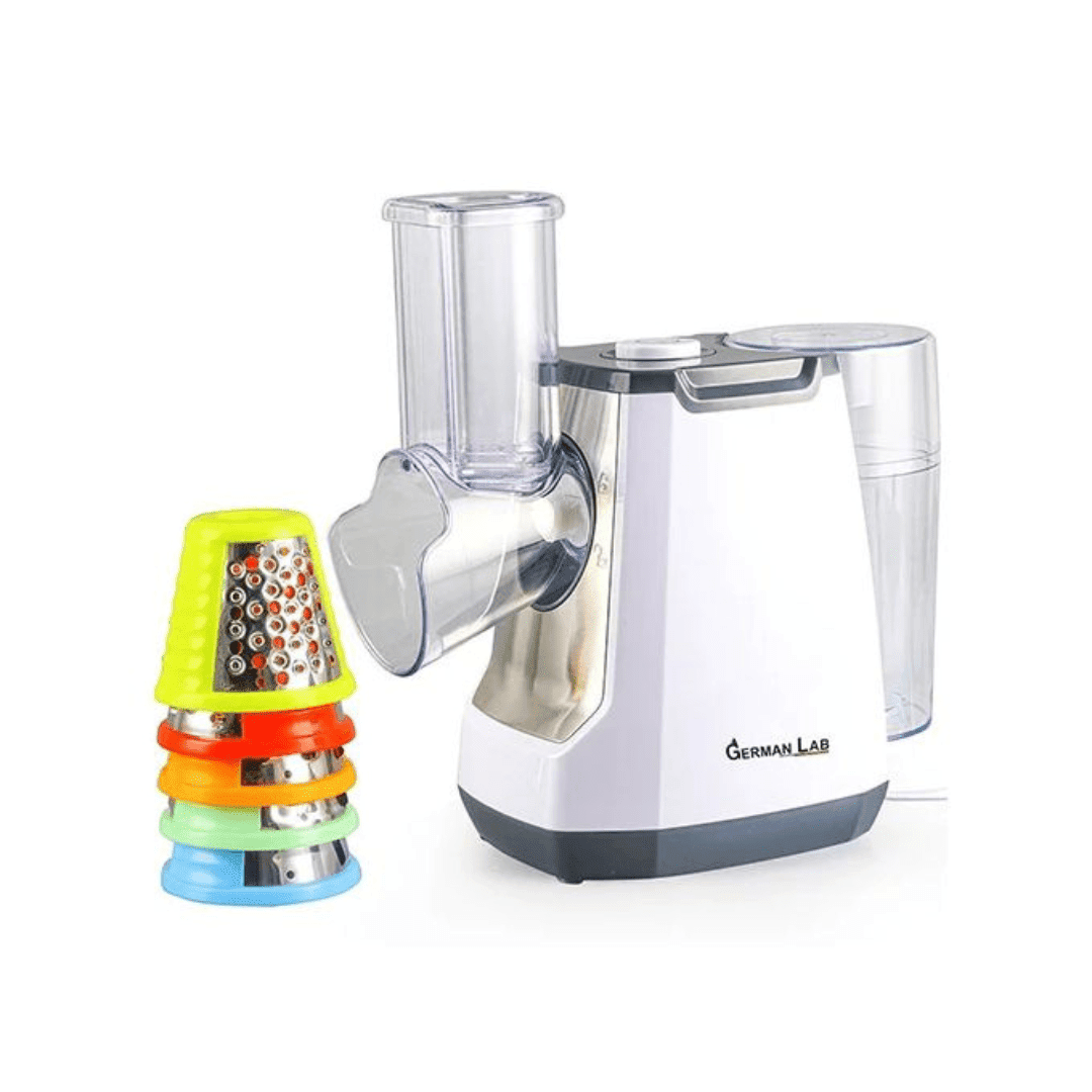 Coupe-légumes électrique puissant, grande capacité, avec composants amovibles pour un nettoyage simplifié.