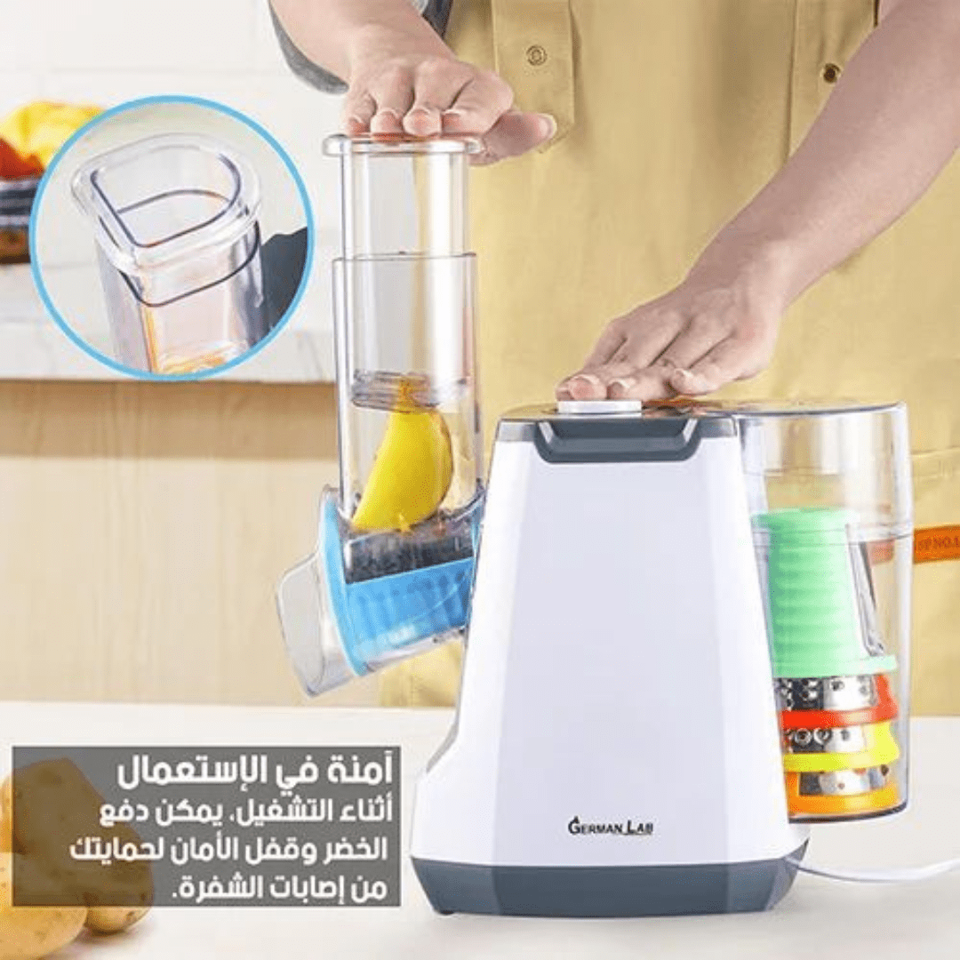 Coupe-légumes électrique puissant, grande capacité, avec composants amovibles pour un nettoyage simplifié.