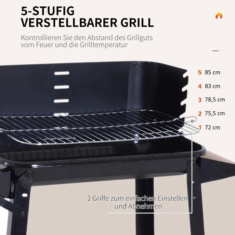 Barbecue au Charbon Rectangulaire avec Roulettes pour Jardin et Camping en Plein Air 83x45x87 cm