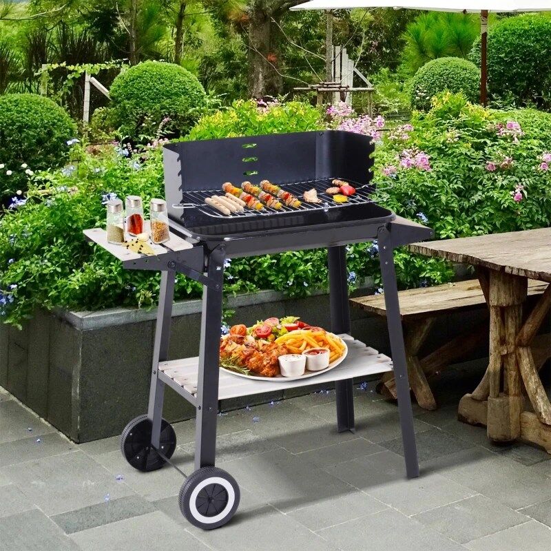 Barbecue au Charbon Rectangulaire avec Roulettes pour Jardin et Camping en Plein Air 83x45x87 cm