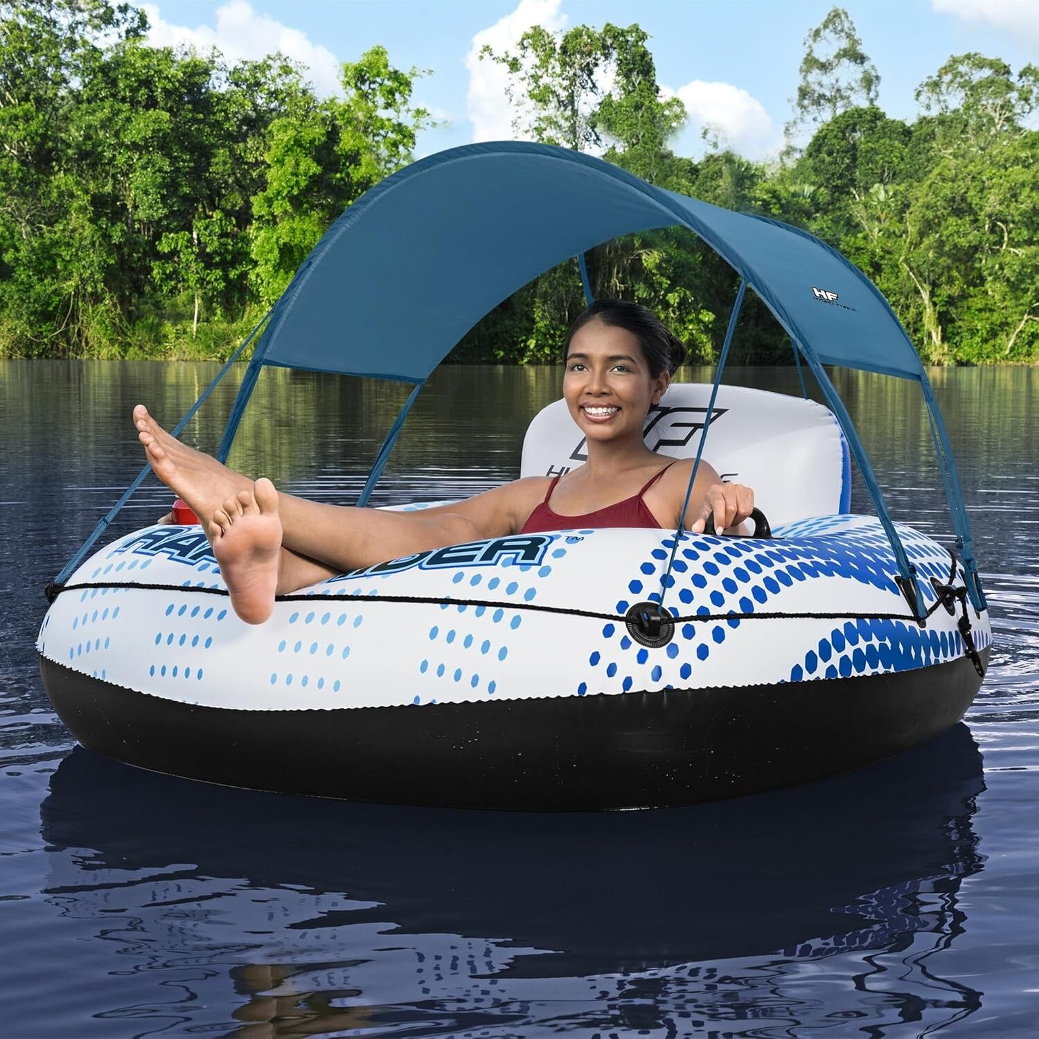 Bouée Gonflable Piscine avec Auvent et Porte-Gobelet Intégré et Poignées