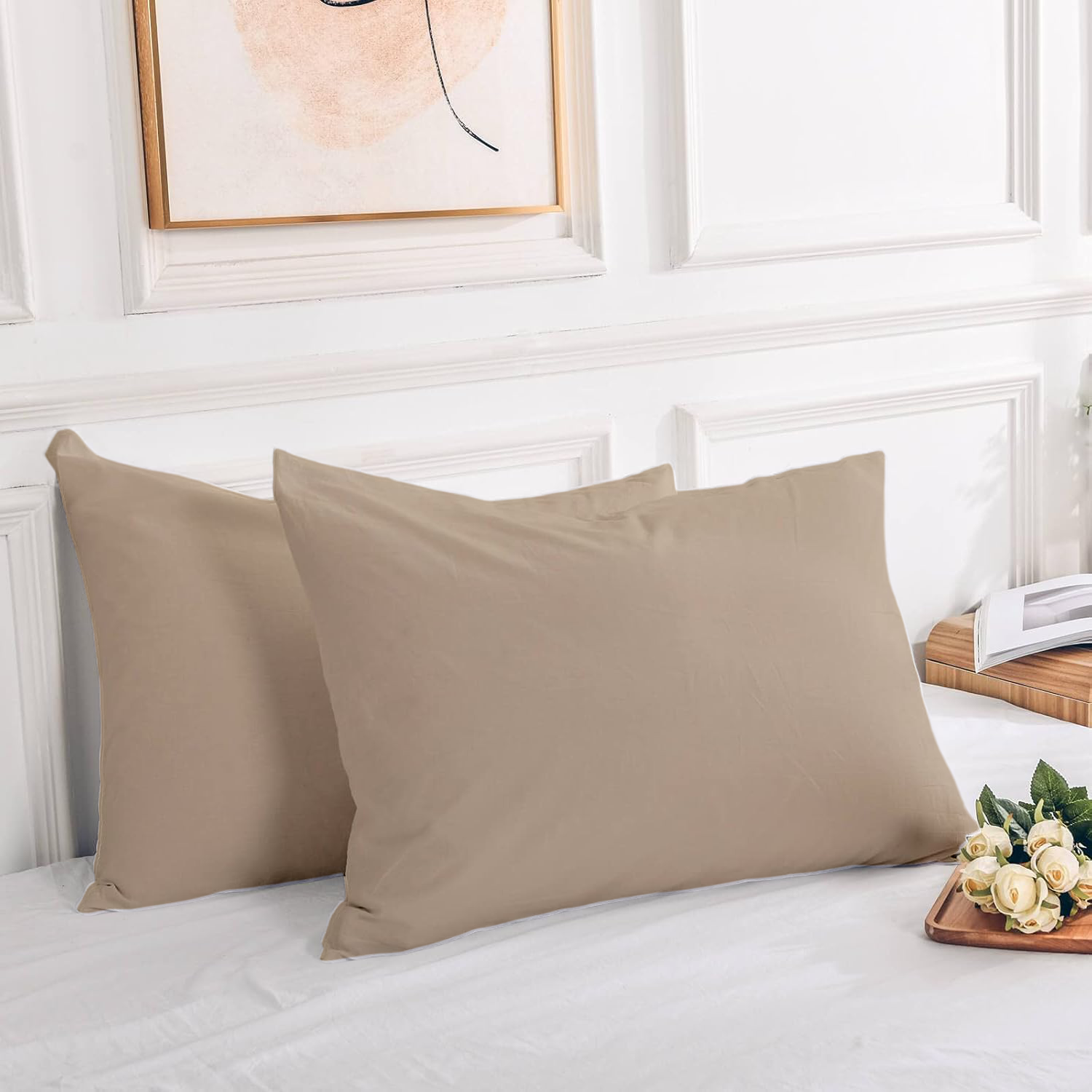 2 Taies d'Oreiller Uni Beige Sable (50 x70 cm) // Doux & Anti-allérgique