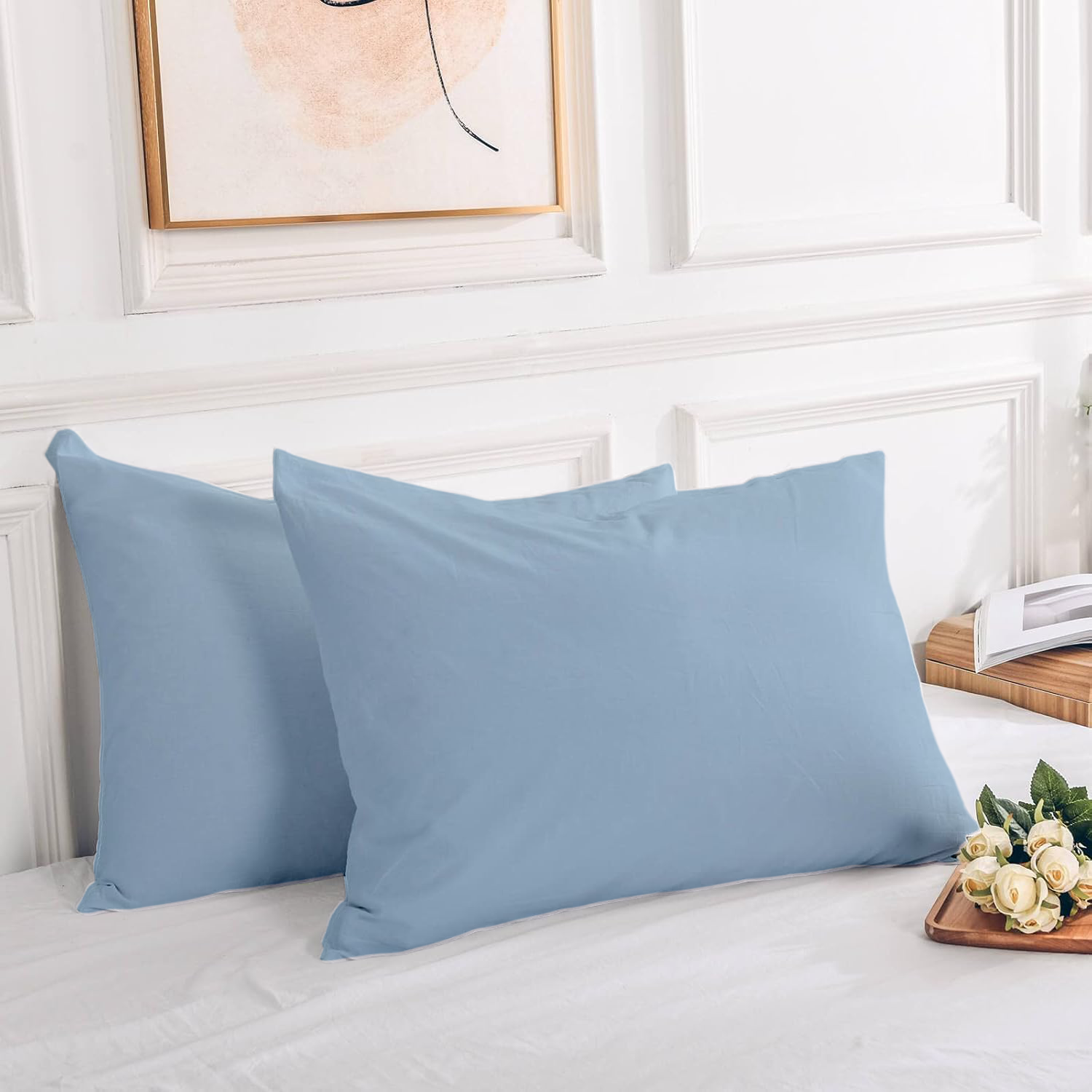 2 Taies d'oreiller Uni Bleu Glacier 50x70cm // Doux & Antiallergique