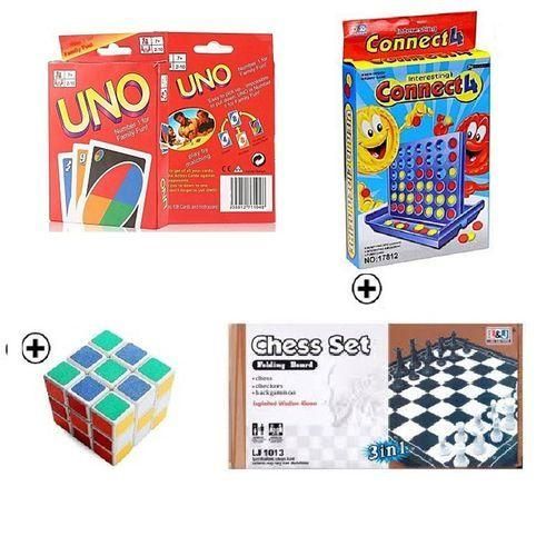 Pack 4 jeux de famille : Cartes Uno, puissance 4, Echecs et cube magique