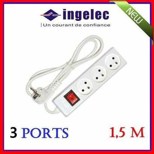 Rallonge électrique de 3 prises et câble de 1,5 mètre, Multiprise (3 prises+T) avec interrupteur