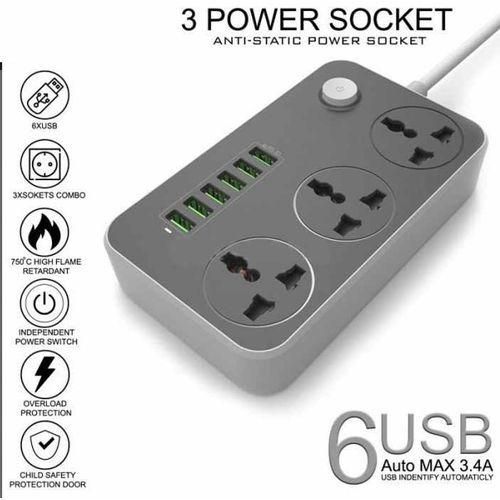 Multiprise de 3 Prises de Courant & 6 Ports USB de Charge Intelligente de 5V, Adaptateur de Chargeur Universel, Câble 2 Mètres