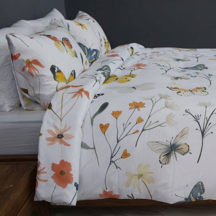 Housse de Couette "Papillons & Fleurs" 2 places + 2 Taies d’Oreiller Assorties // Doux & antiallérgique