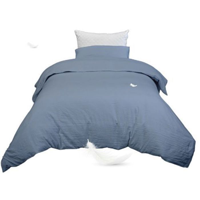 Housse de Couette Bleu Jean (160x220 cm)  1 place + 1 Taies d’Oreiller Assortie // Doux & antiallérgique
