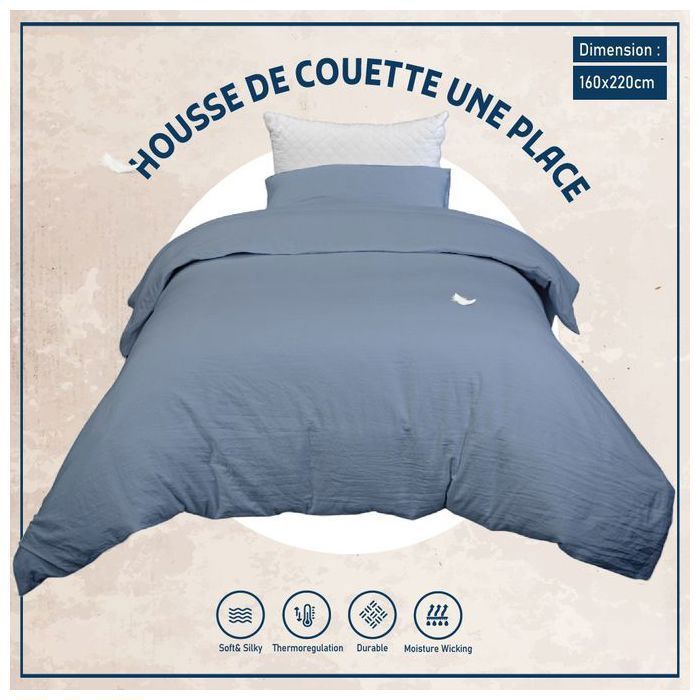 Housse de Couette Bleu Jean (160x220 cm)  1 place + 1 Taies d’Oreiller Assortie // Doux & antiallérgique thumbnail 3