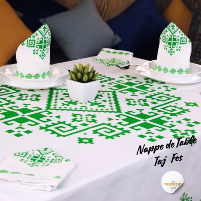 Nappe de Table- Zahrat Fès - 140x200 cm - Vert - Motifs Marocains Authentiques thumbnail 1