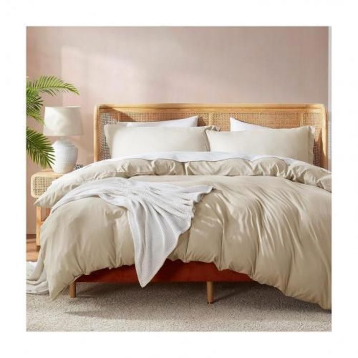 Housse de Couette Beige Sable (2 places) + 2 Taies d’Oreiller Assorties // Doux & antiallérgique