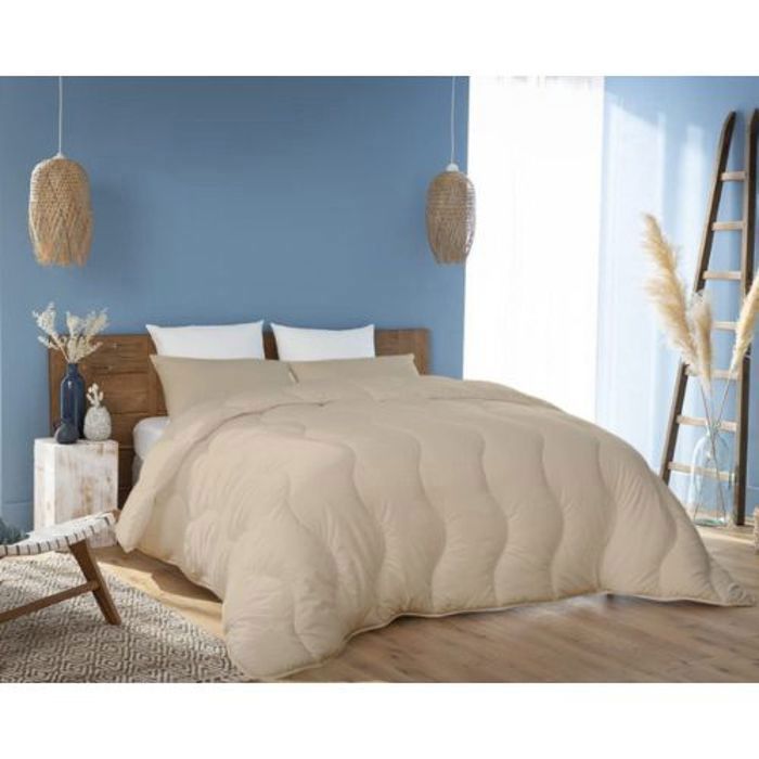 Couette Beige Sable Microfibre + 2 Taies d’Oreiller Offerts  (2Places) - 220x240 cm - Lit 140-160 // Antiallergique  & chaude