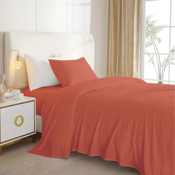 Pack Draps Orange Brique 1 Place (drap Housse + Drap Plat + Taie Oreiller)