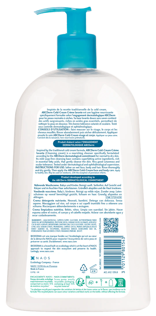 Bioderma Abcderm Cold-cream Crème Lavante 1l - Nettoyant Surgras Bébés Format Familial