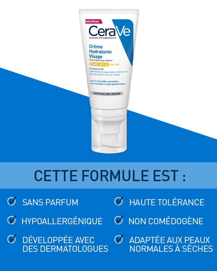 CERAVE Crème Hydratante Visage SPF30 52ml Protection Solaire Hydratation 24H